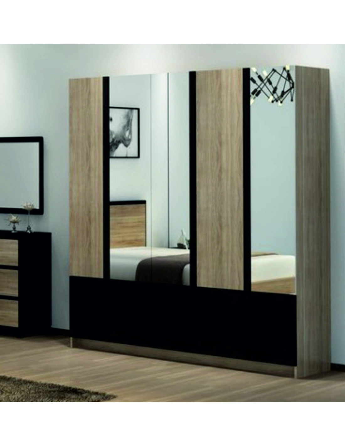 Armoire Porte Coulissante Mirroir KLEA chêne clairnoir