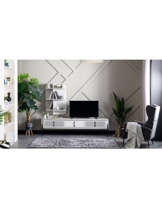 Jocise Meuble TV Blanc 3 Tiroirs Support TV avec Cadre Doré et