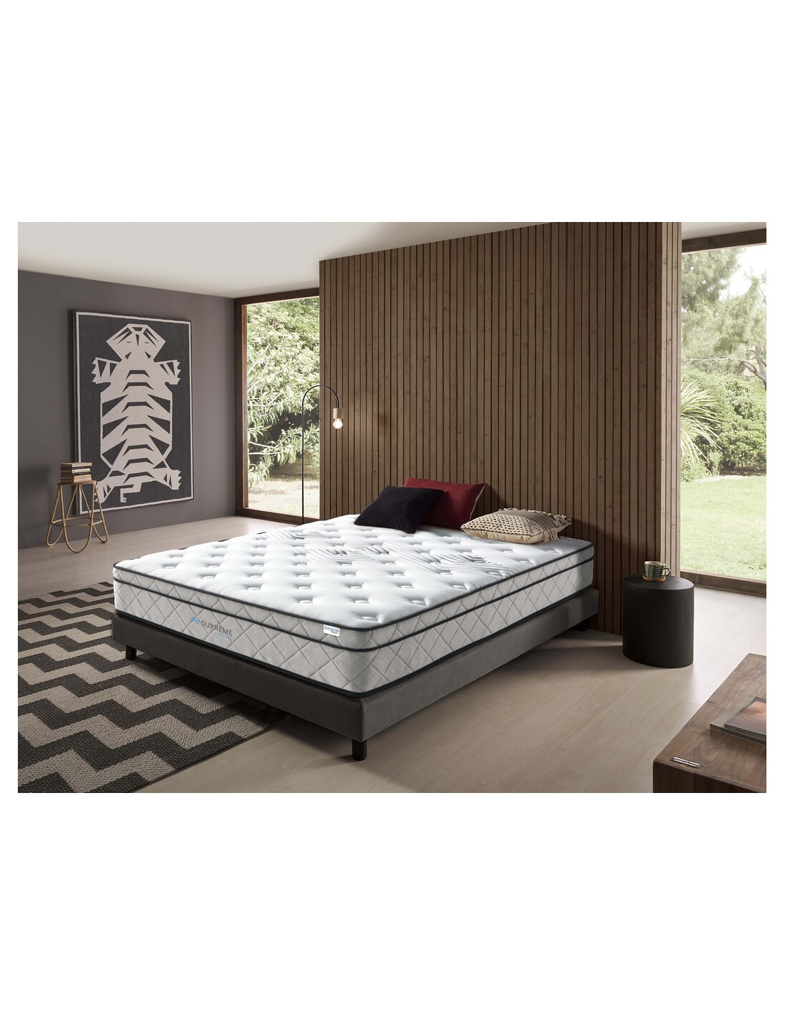 Ensemble lit à sommier tapissier de qualité avec matelas taupe 140x190 cm  tissu au meilleur prix