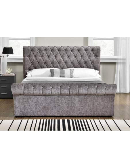 3 Lit Coffre Carla Capitonn?e en Tissu Gris