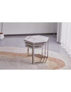 Lot de 3 tables basses Gigogne LEONA structure silveret plateau en cé