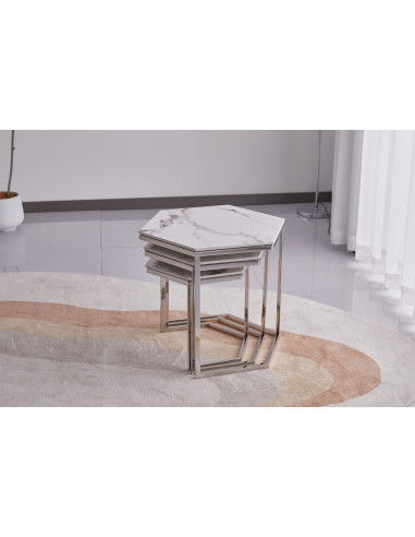 Lot de 3 tables basses Gigogne LEONA structure silveret plateau en cé
