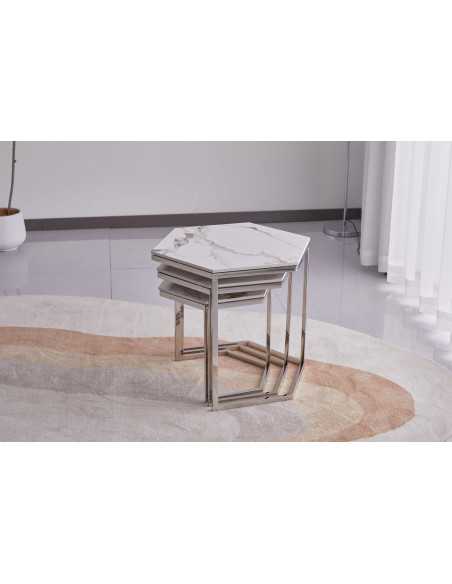 Lot de 3 tables basses Gigogne LEONA structure silveret plateau en cé
