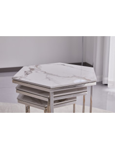 Lot de 3 tables basses Gigogne LEONA structure silveret plateau en céramique