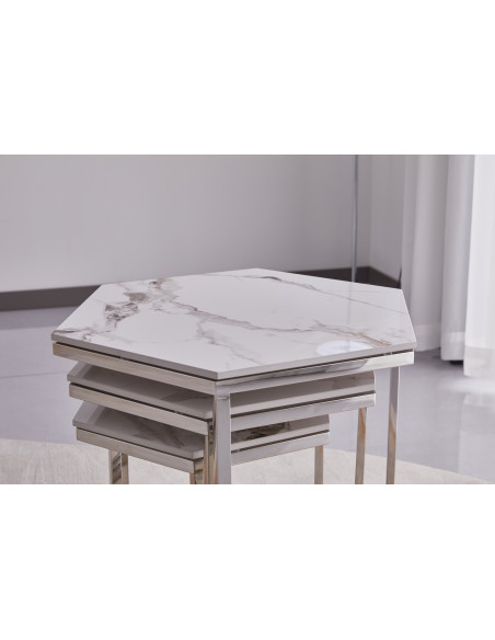 Lot de 3 tables basses Gigogne LEONA structure silveret plateau en céramique