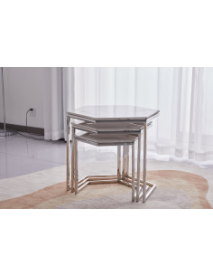 Lot de 3 tables basses Gigogne LEONA structure silveret plateau en céramique