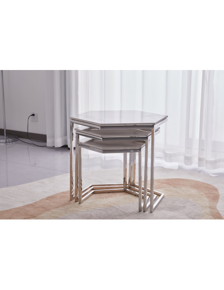 Lot de 3 tables basses Gigogne LEONA structure silveret plateau en céramique