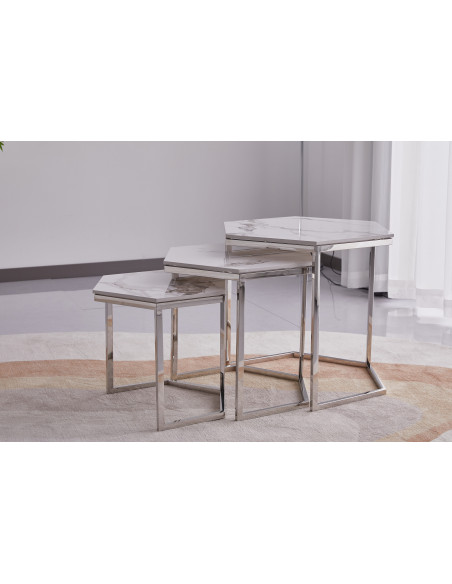 Lot de 3 tables basses Gigogne LEONA structure silveret plateau en céramique