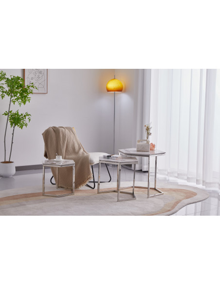 Lot de 3 tables basses Gigogne LEONA structure silveret plateau en céramique