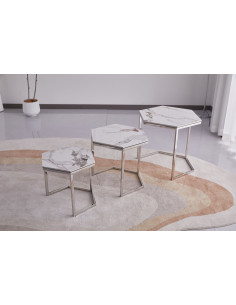 Lot de 3 tables basses Gigogne LEONA structure silveret plateau en céramique