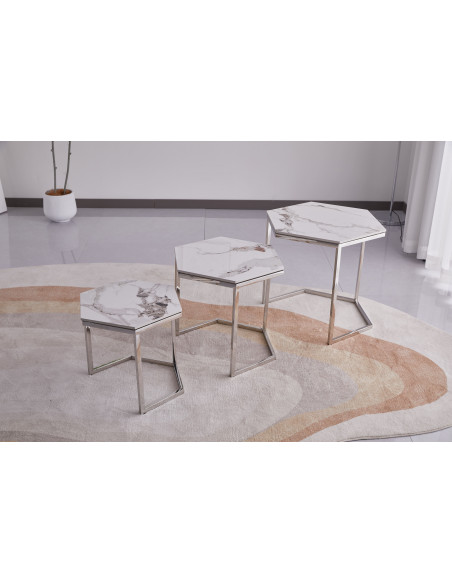 Lot de 3 tables basses Gigogne LEONA structure silveret plateau en céramique