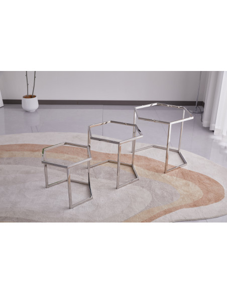 Lot de 3 tables basses Gigogne LEONA structure silveret plateau en céramique