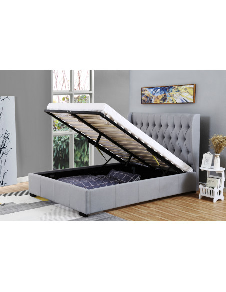 Lit Coffre Clarisse Capitonnée en Tissu Lin Noir