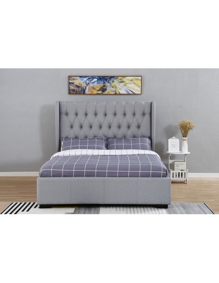 Lit Coffre Clarisse Capitonnée en Tissu Lin Noir