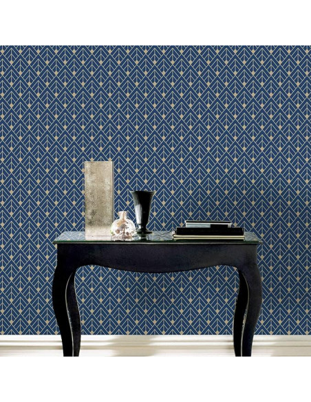 Papier Peint Art Déco Bleu et Doré - Élégance Géométrique, 53 cm x 10,05 m