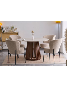 Table à manger ronde Olana – Plateau pierre frittée & pied bois noyer