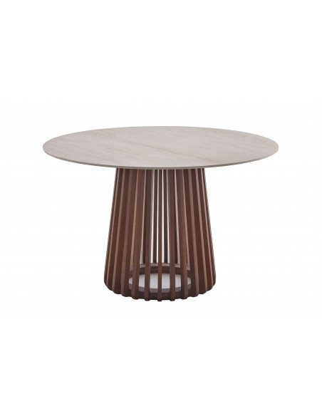 Table à manger ronde Olana – Plateau pierre frittée & pied bois noyer