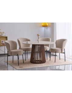 Table à manger ronde Olana – Plateau pierre frittée & pied bois noyer