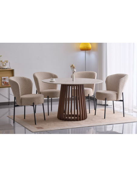 Table à manger ronde Olana – Plateau pierre frittée & pied bois noyer
