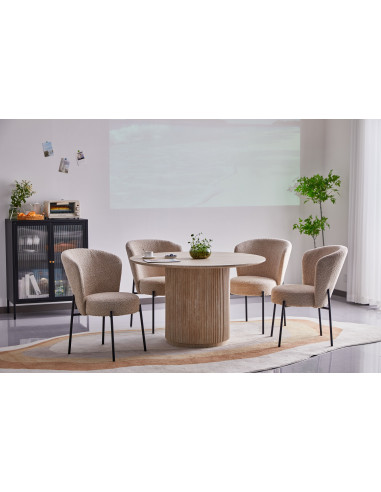 Table à manger ronde Calma – Plateau effet bois & pied colonne rainuré