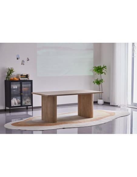Table à manger Terra – Plateau effet bois & double pied colonne rainuré