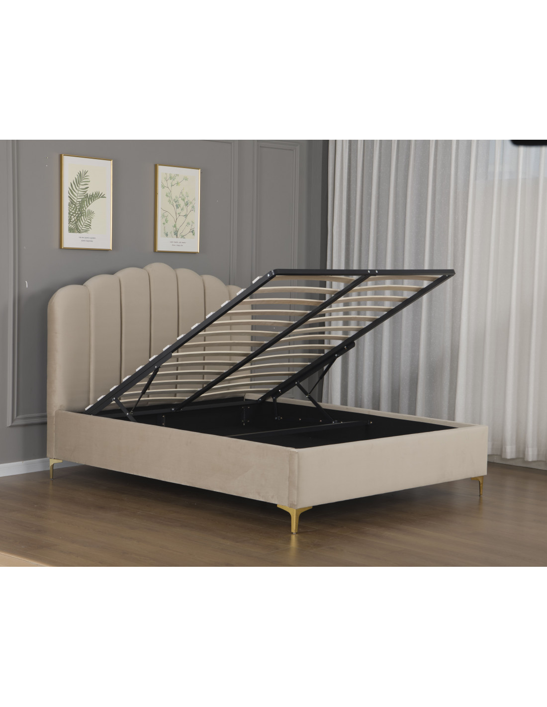 Lit Coffre en Velours Beige – Modèle Imperial Lit Coffre en Velours Beige – Modèle Imperial