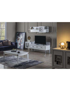 Jocise Meuble TV Blanc 3 Tiroirs Support TV avec Cadre Doré et